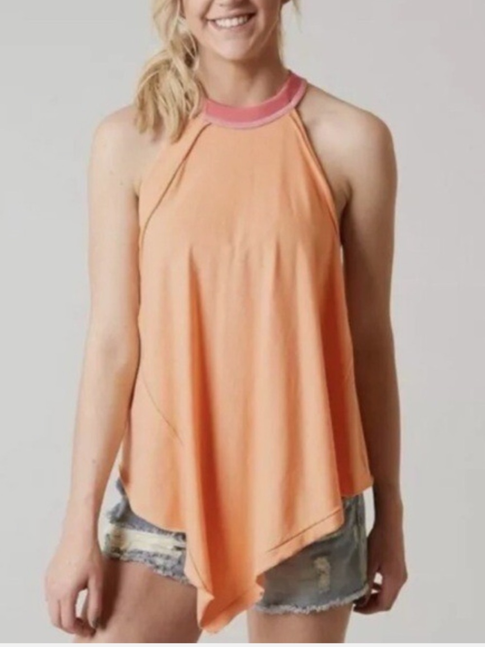 We The Free Peach Halter Tank with Pink Neck Trim
